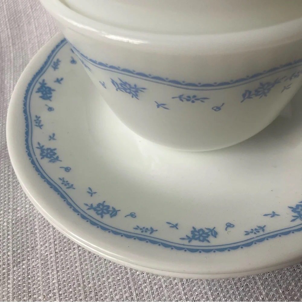 Pair of 'Morning Blue' Pyrex Cups and Corelle Saucers (see photos & description)